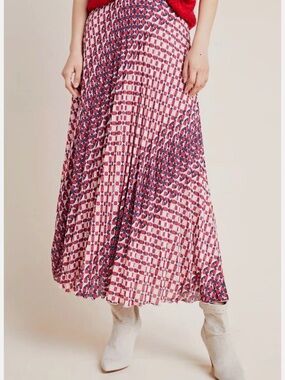 Maeve Anthropologie Hildi Pleated Midi Skirt XS Geometric Print Red Pink Navy